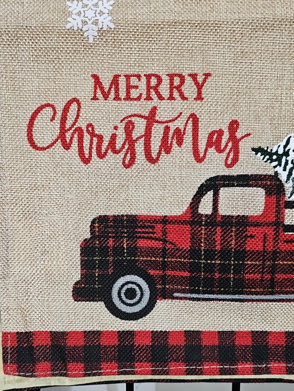 Merry Christmas Plaid Truck Burlap Table Runner